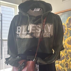 🫒 ☝🏿BLUESKY Cropped Hoodie OLIVE distressed STREETWEAR one of one ☝🏿 🫒